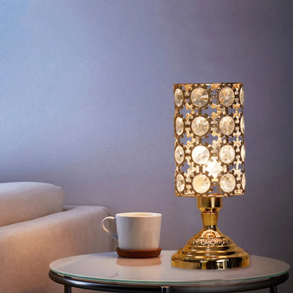 Viola - Modernism 1 Bulb Table Light With Crystal-Encrusted Shade Gold Tapered/Cylinder Reading