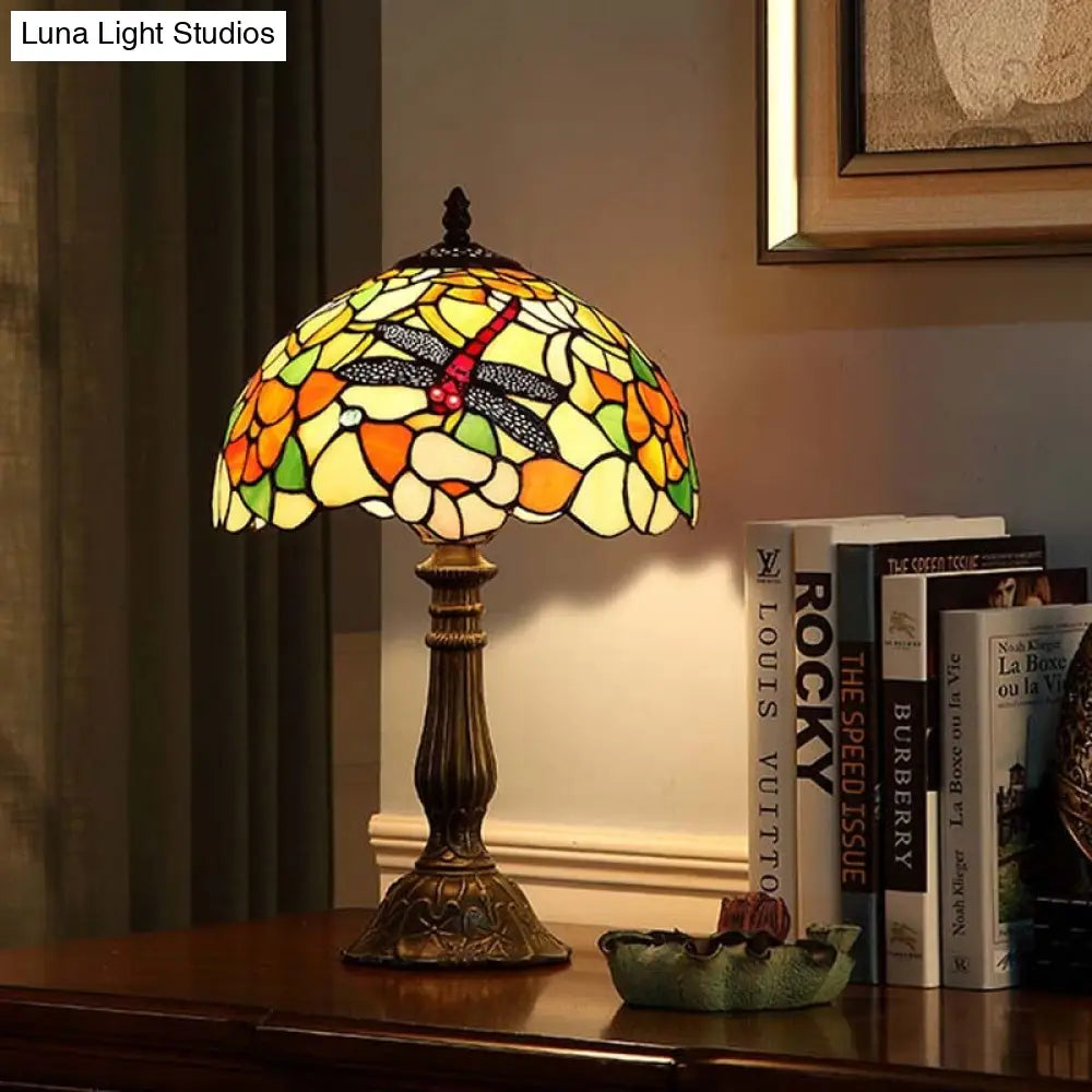 Glass Bronze Night Light Dragonfly And Peony Tiffany Table Lamp