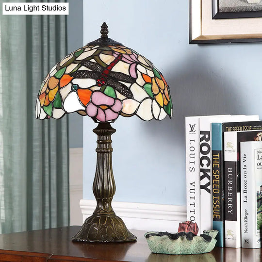 Glass Bronze Night Light Dragonfly And Peony Tiffany Table Lamp