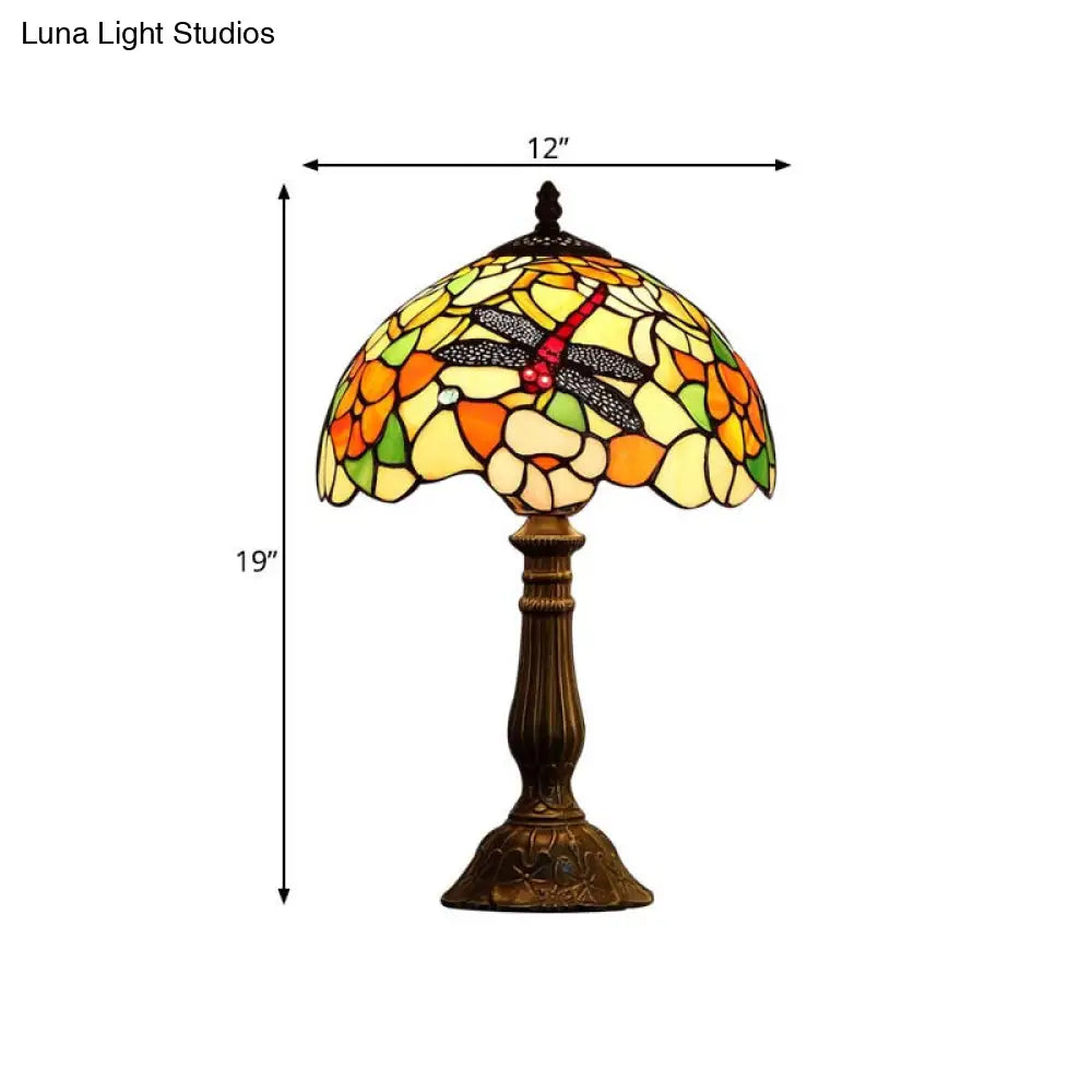 Glass Bronze Night Light Dragonfly And Peony Tiffany Table Lamp