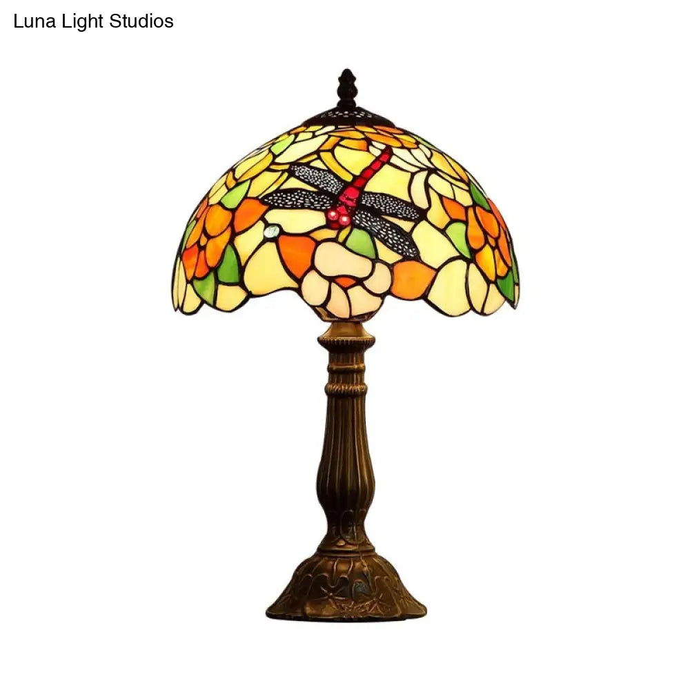 Glass Bronze Night Light Dragonfly And Peony Tiffany Table Lamp