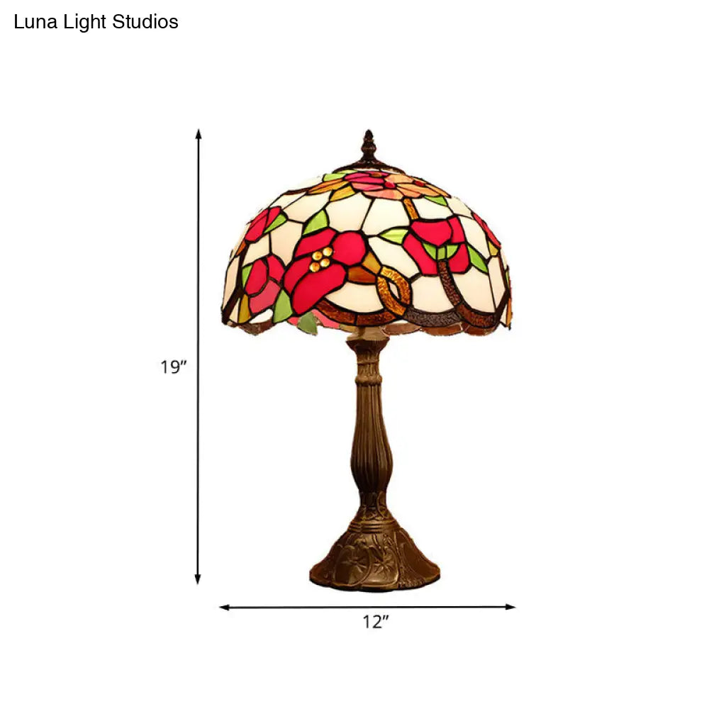 Bronze Table Lamp With Stained Art Glass Blossom Pattern And Baroque Bowl Shade