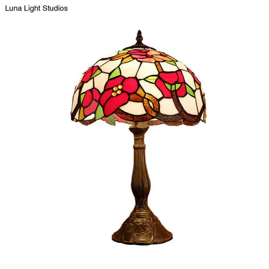 Bronze Table Lamp With Stained Art Glass Blossom Pattern And Baroque Bowl Shade