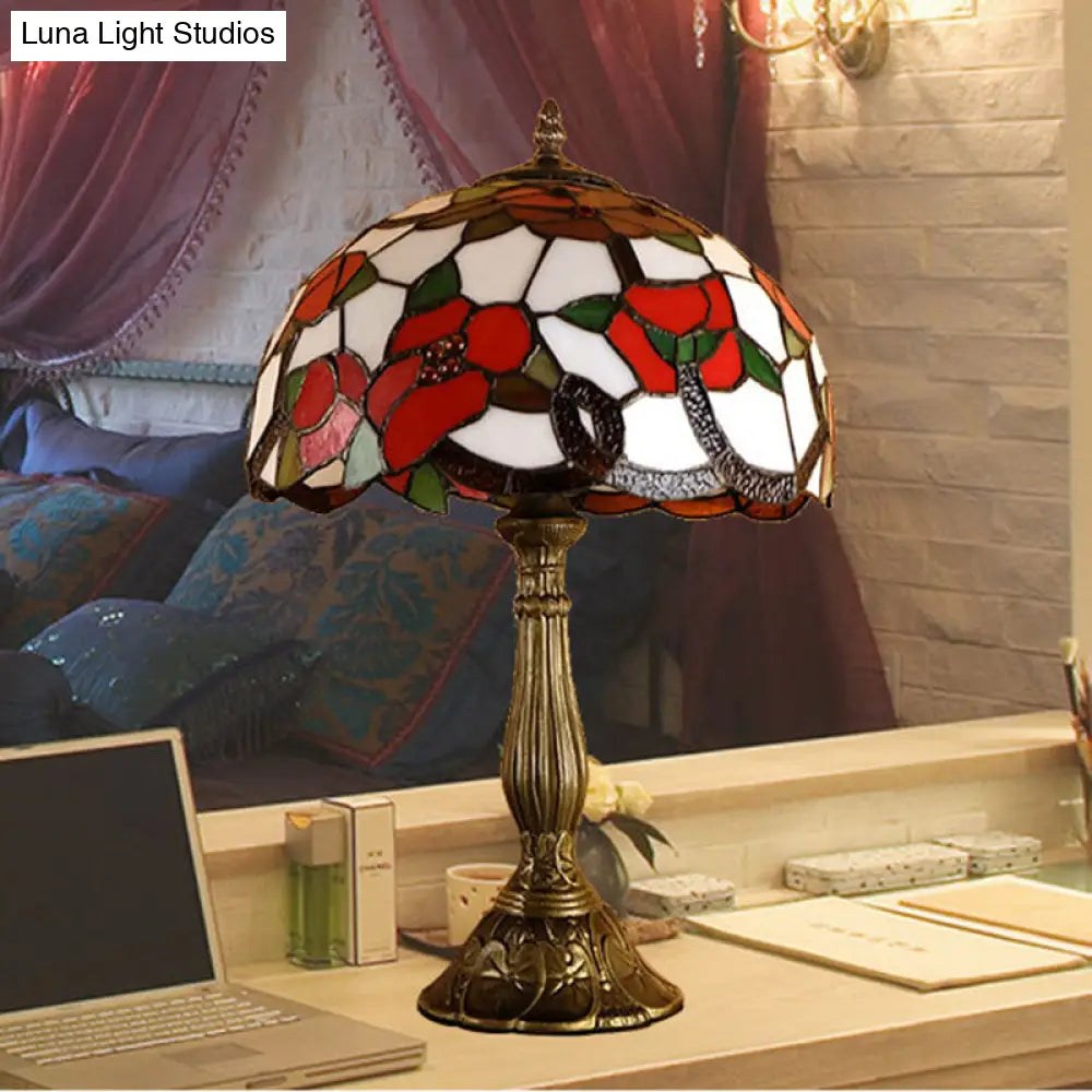 Bronze Table Lamp With Stained Art Glass Blossom Pattern And Baroque Bowl Shade