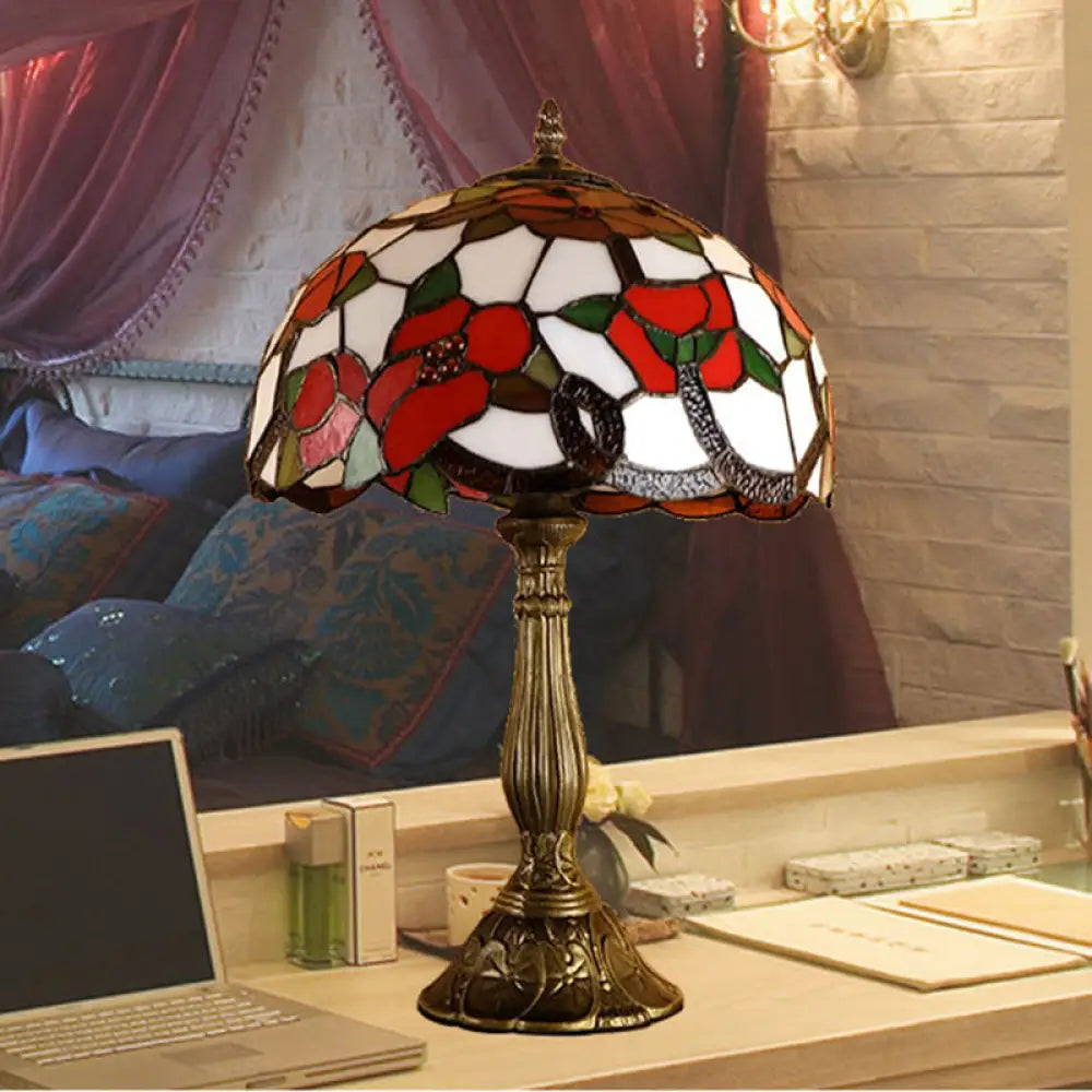 Virginie - 1-Head Nightstand Light: Baroque Bowl Shade Stained Art Glass Blossom Bronze