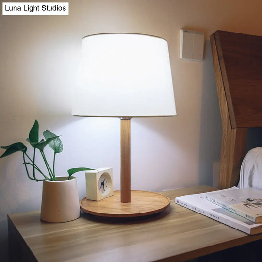 Minimalist Tapered Shade Nightstand Light In Wood - 1-Light Table Lighting For Bedroom