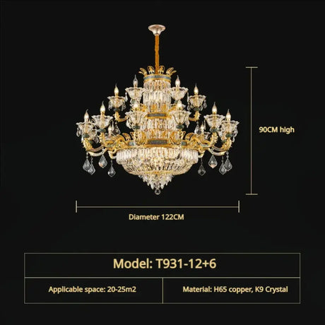 Vivienne French Copper Crystal Candle Chandelier Duplex Stair Pendant Light 18Head D122CM H90CM / Three Colors