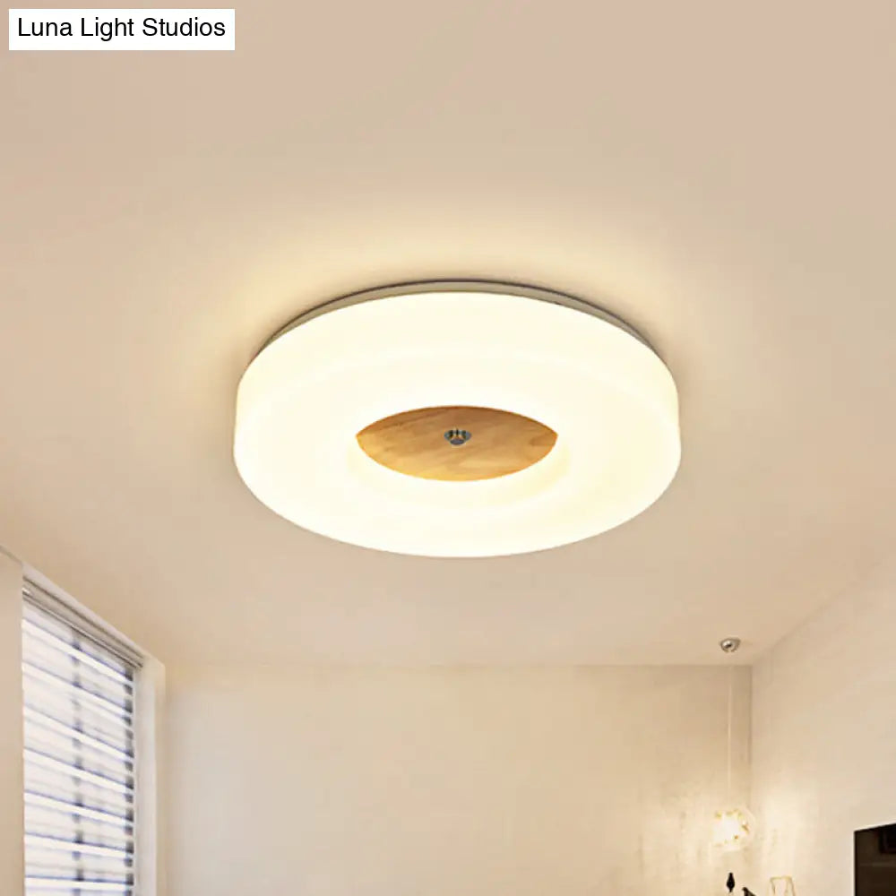 W Led Bedroom Ceiling Lamp With Hollow Drum Acrylic Shade - Modern White Flush Mount In