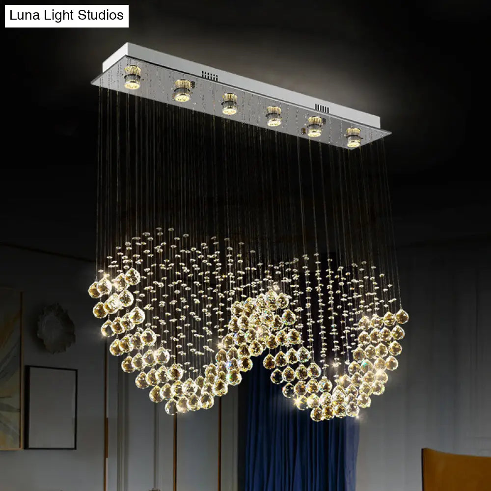 W-Shaped Crystal Ceiling Lamp: Modern 6-Light Stainless Steel Dining Room Flush Mount