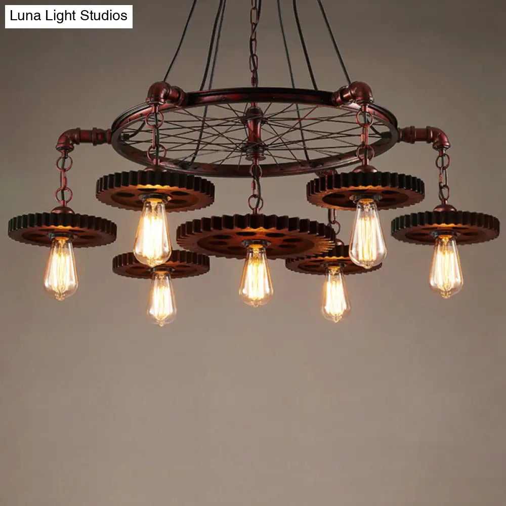 Bronze Iron Pendant Light With Clear Glass Shade - Industrial Wagon Wheel Chandelier 7 / B