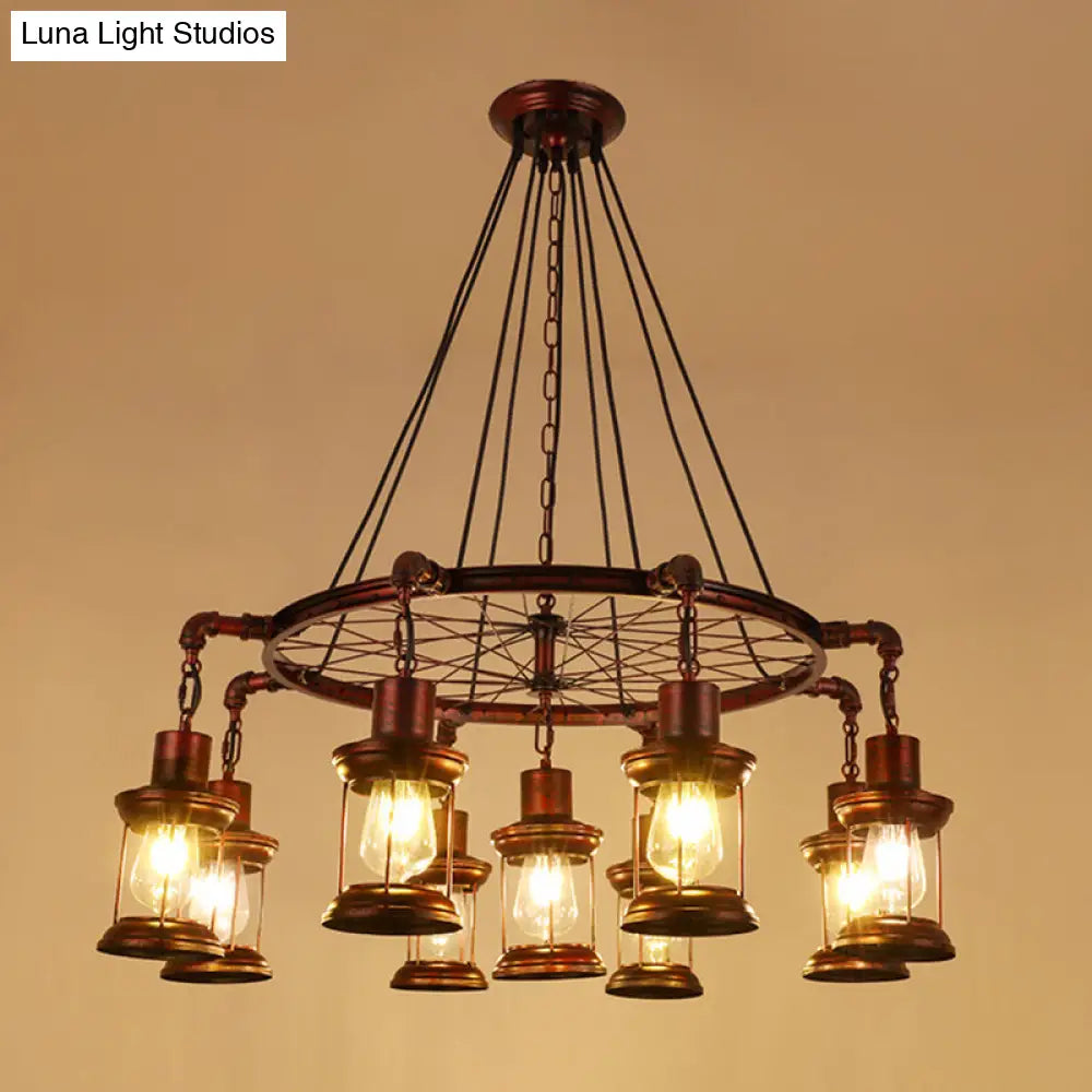 Bronze Iron Pendant Light With Clear Glass Shade - Industrial Wagon Wheel Chandelier 9 / D