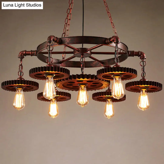 Bronze Iron Pendant Light With Clear Glass Shade - Industrial Wagon Wheel Chandelier 7 / A