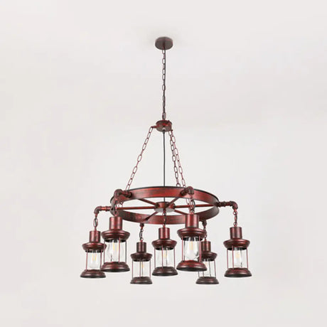 Bronze Iron Pendant Light With Clear Glass Shade - Industrial Wagon Wheel Chandelier