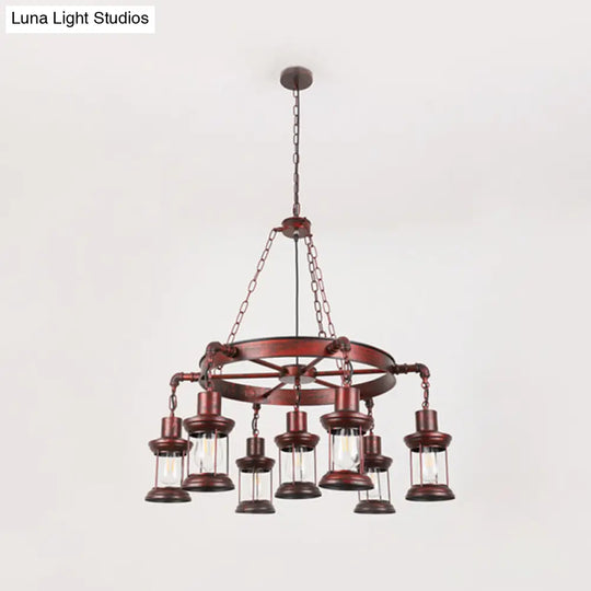 Bronze Iron Pendant Light With Clear Glass Shade - Industrial Wagon Wheel Chandelier