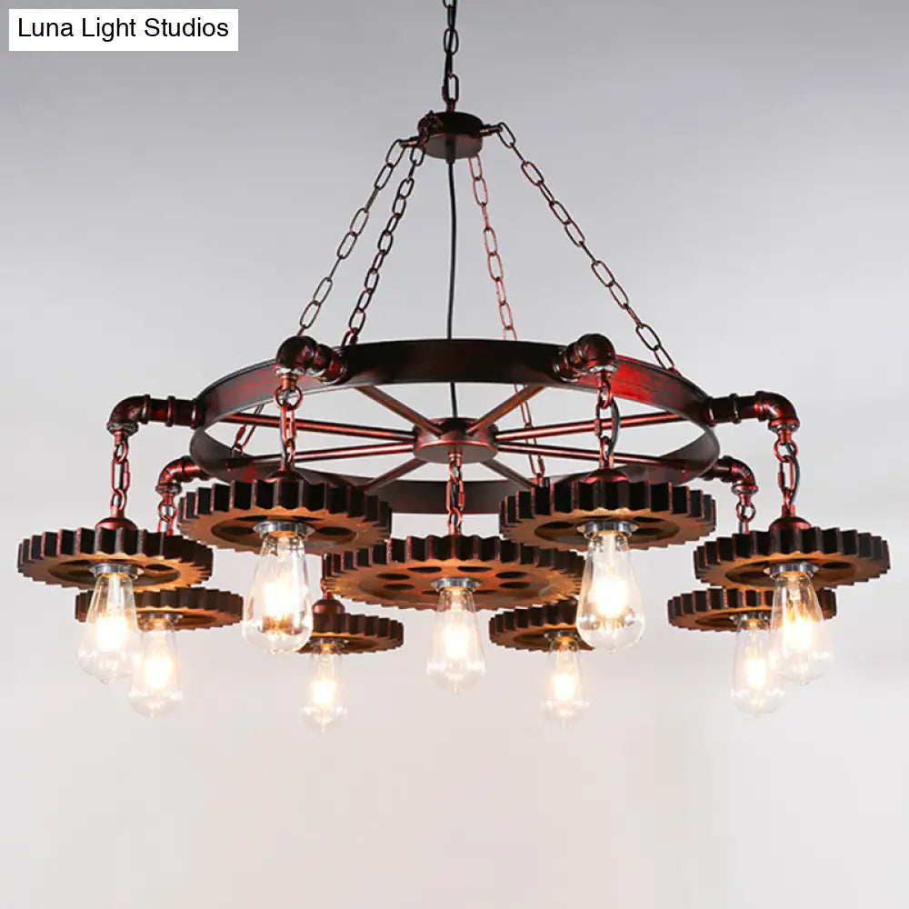 Bronze Iron Pendant Light With Clear Glass Shade - Industrial Wagon Wheel Chandelier 9 / A