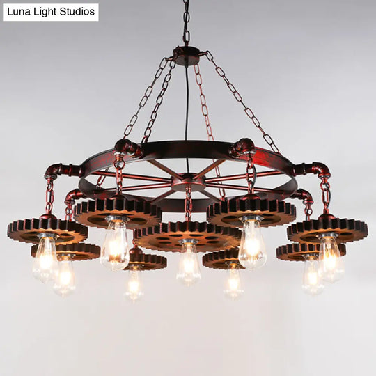 Bronze Iron Pendant Light With Clear Glass Shade - Industrial Wagon Wheel Chandelier 9 / A