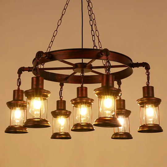 Wagon Wheel Chandelier With Clear Glass Shade In Bronze - Industrial Pendant Lighting 7 / C