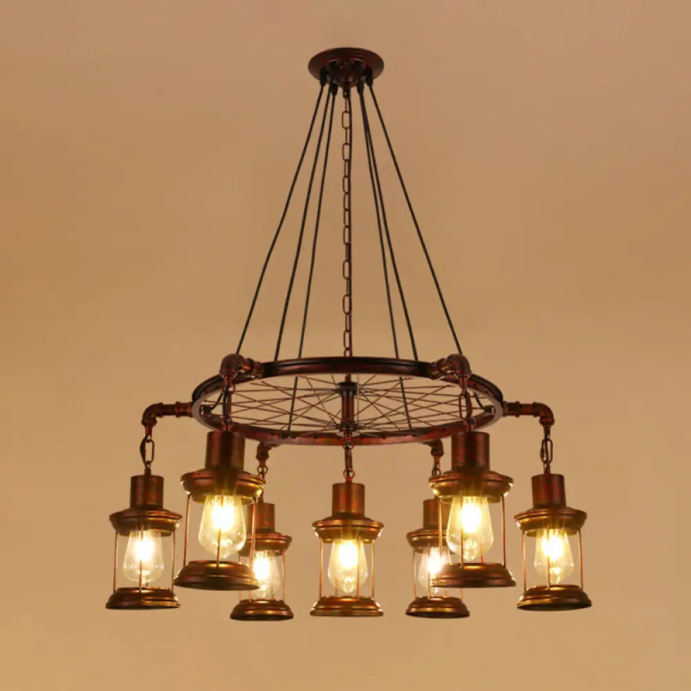 Wagon Wheel Chandelier With Clear Glass Shade In Bronze - Industrial Pendant Lighting 7 / D