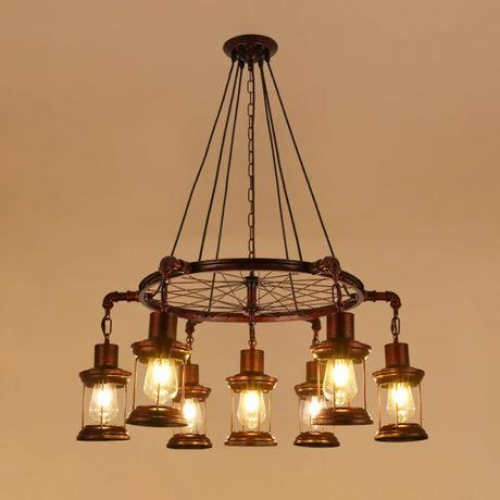 Wagon Wheel Chandelier With Clear Glass Shade In Bronze - Industrial Pendant Lighting 7 / D