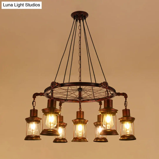 Bronze Iron Pendant Light With Clear Glass Shade - Industrial Wagon Wheel Chandelier 7 / D