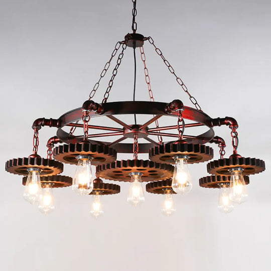 Wagon Wheel Chandelier With Clear Glass Shade In Bronze - Industrial Pendant Lighting 9 / A