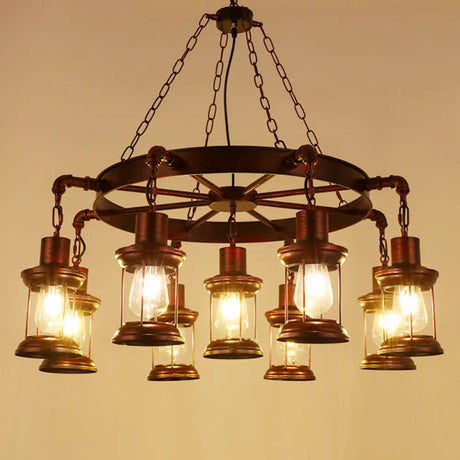 Wagon Wheel Chandelier With Clear Glass Shade In Bronze - Industrial Pendant Lighting 9 / C
