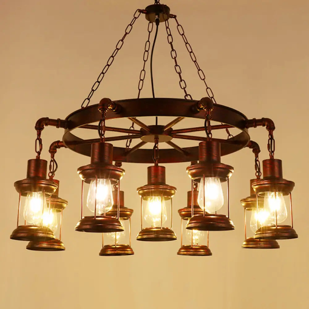 Wagon Wheel Chandelier With Clear Glass Shade In Bronze - Industrial Pendant Lighting 9 / C