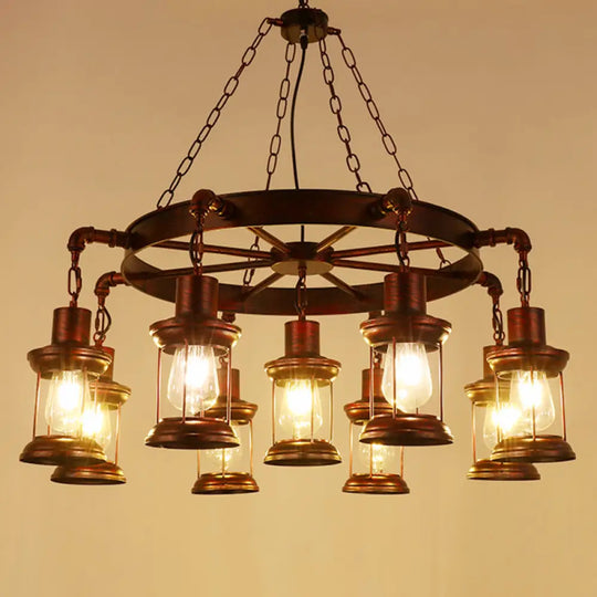 Wagon Wheel Chandelier With Clear Glass Shade In Bronze - Industrial Pendant Lighting 9 / C