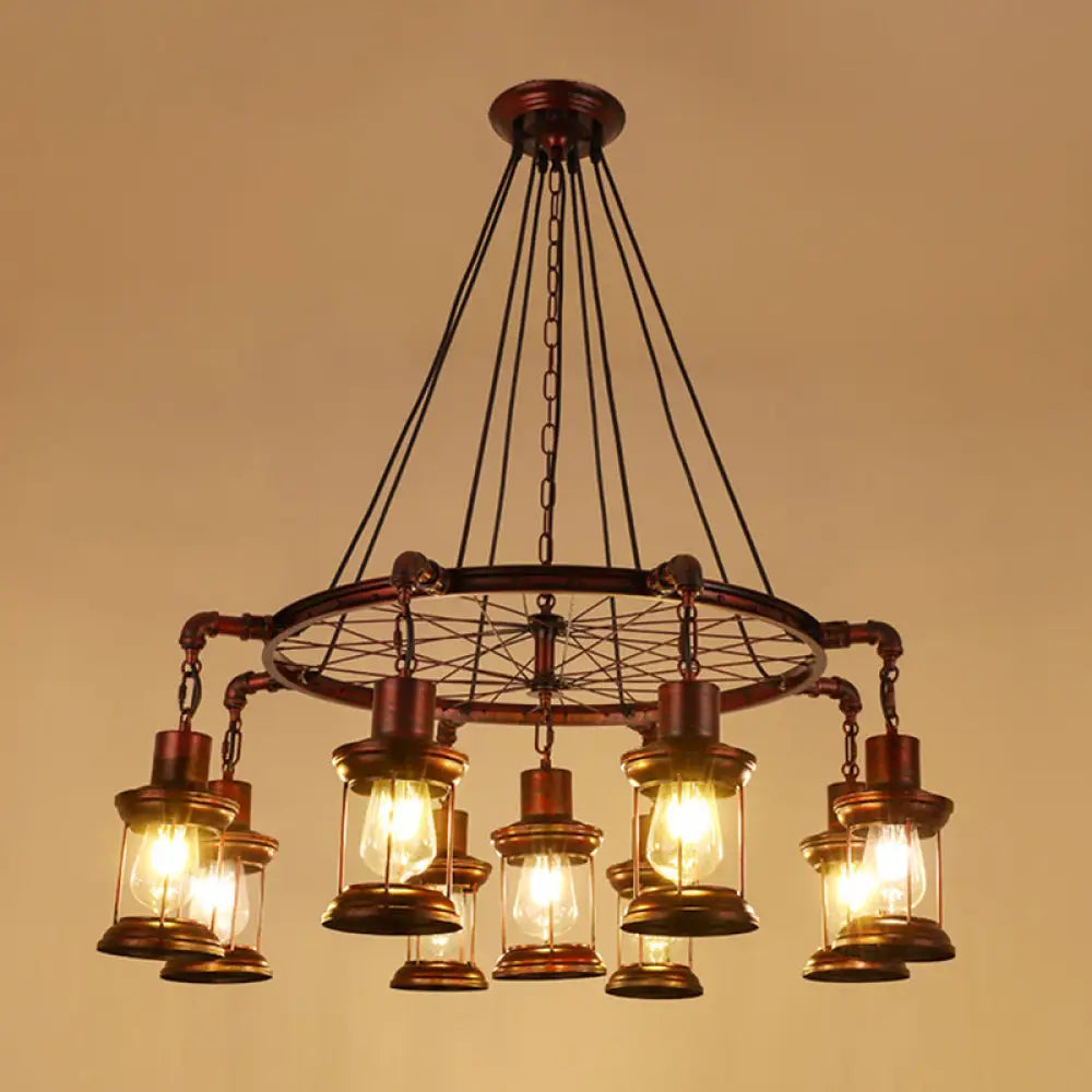 Wagon Wheel Chandelier With Clear Glass Shade In Bronze - Industrial Pendant Lighting 9 / D