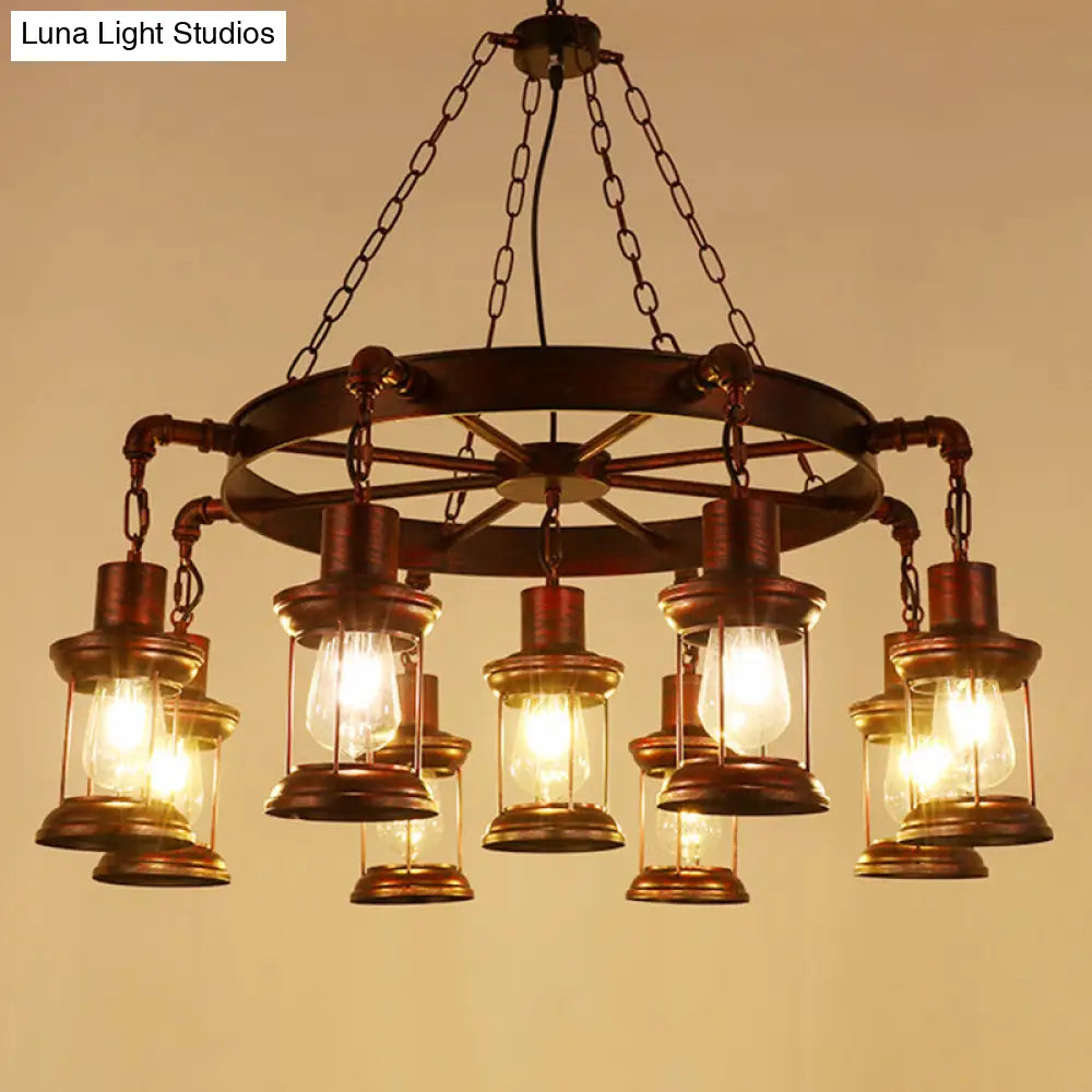 Bronze Iron Pendant Light With Clear Glass Shade - Industrial Wagon Wheel Chandelier 9 / C