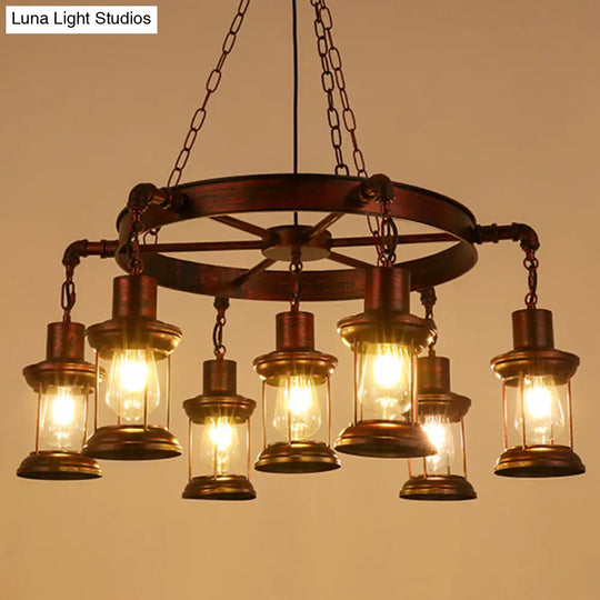 Bronze Iron Pendant Light With Clear Glass Shade - Industrial Wagon Wheel Chandelier 7 / C