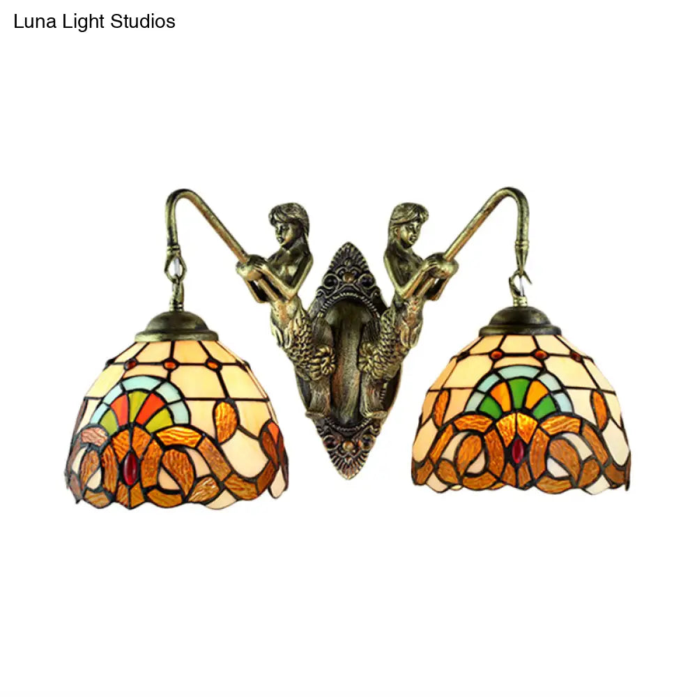 Wall Mounted Baroque Mermaid Stained Glass Sconce Light Set - Antique Bronze