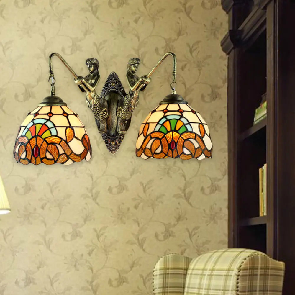 Wall Mounted Baroque Mermaid Stained Glass Sconce Light Set - Antique Bronze /