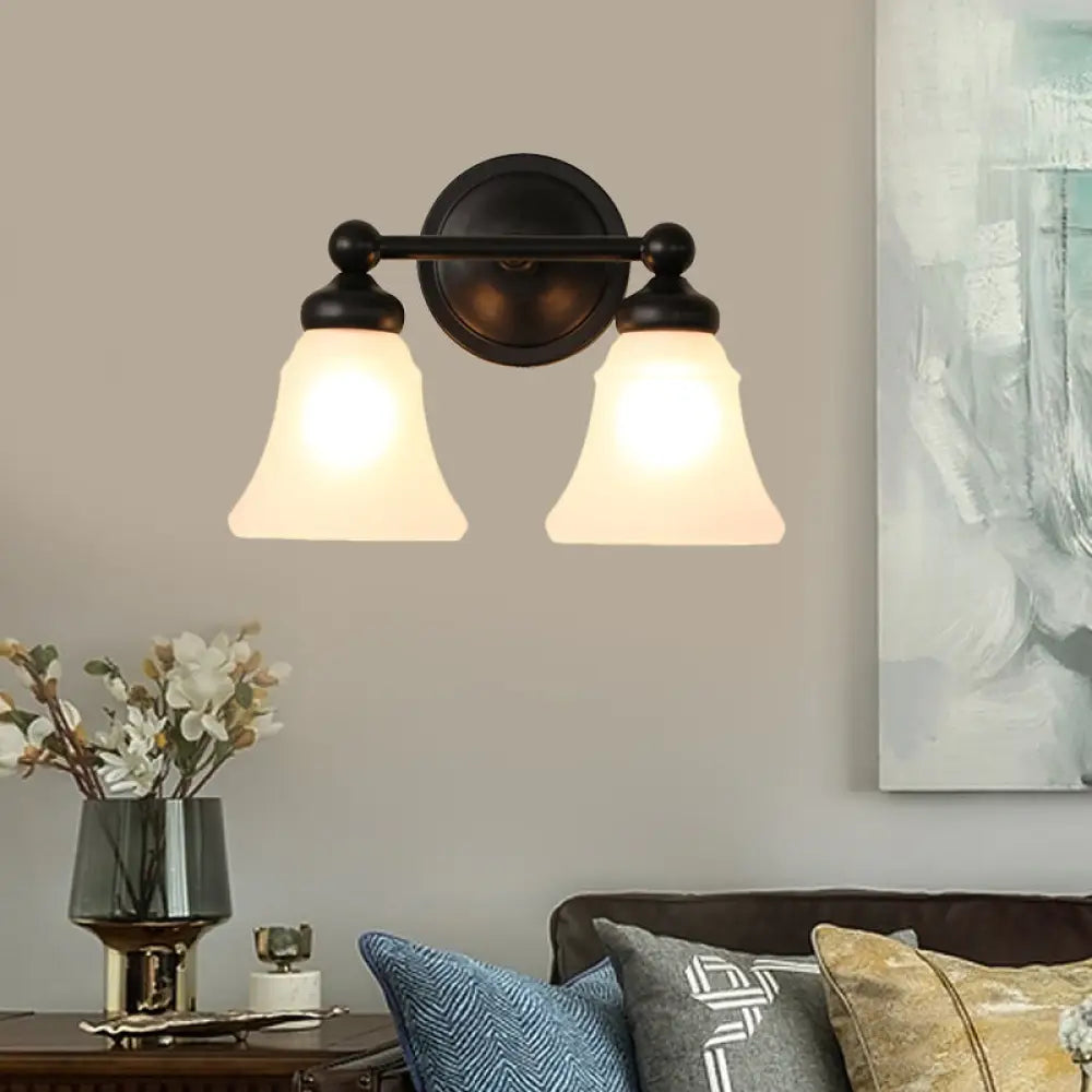 Wall Mounted Light - 2 Lights Countryside Living Room With Bell Opal Glass Shade In Black