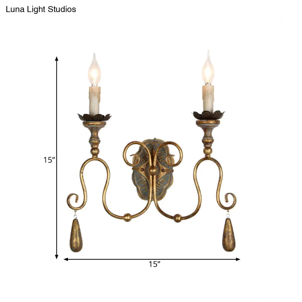 Wall Mounted Metal Candle Sconce Light - Countryside Vanity Lamp With 2 White/Gold Lights