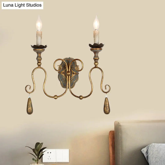 Wall Mounted Metal Candle Sconce Light - Countryside Vanity Lamp With 2 White/Gold Lights