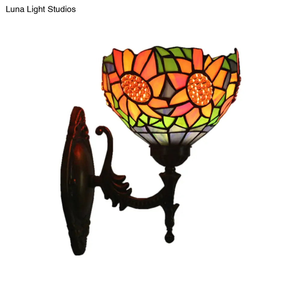 Wall Sconce: Elegant 1-Light Bedroom Baroque Brass Sunflower Pattern With Stained Glass Bowl Shade