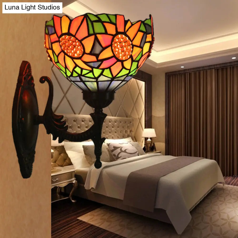 Wall Sconce: Elegant 1-Light Bedroom Baroque Brass Sunflower Pattern With Stained Glass Bowl Shade