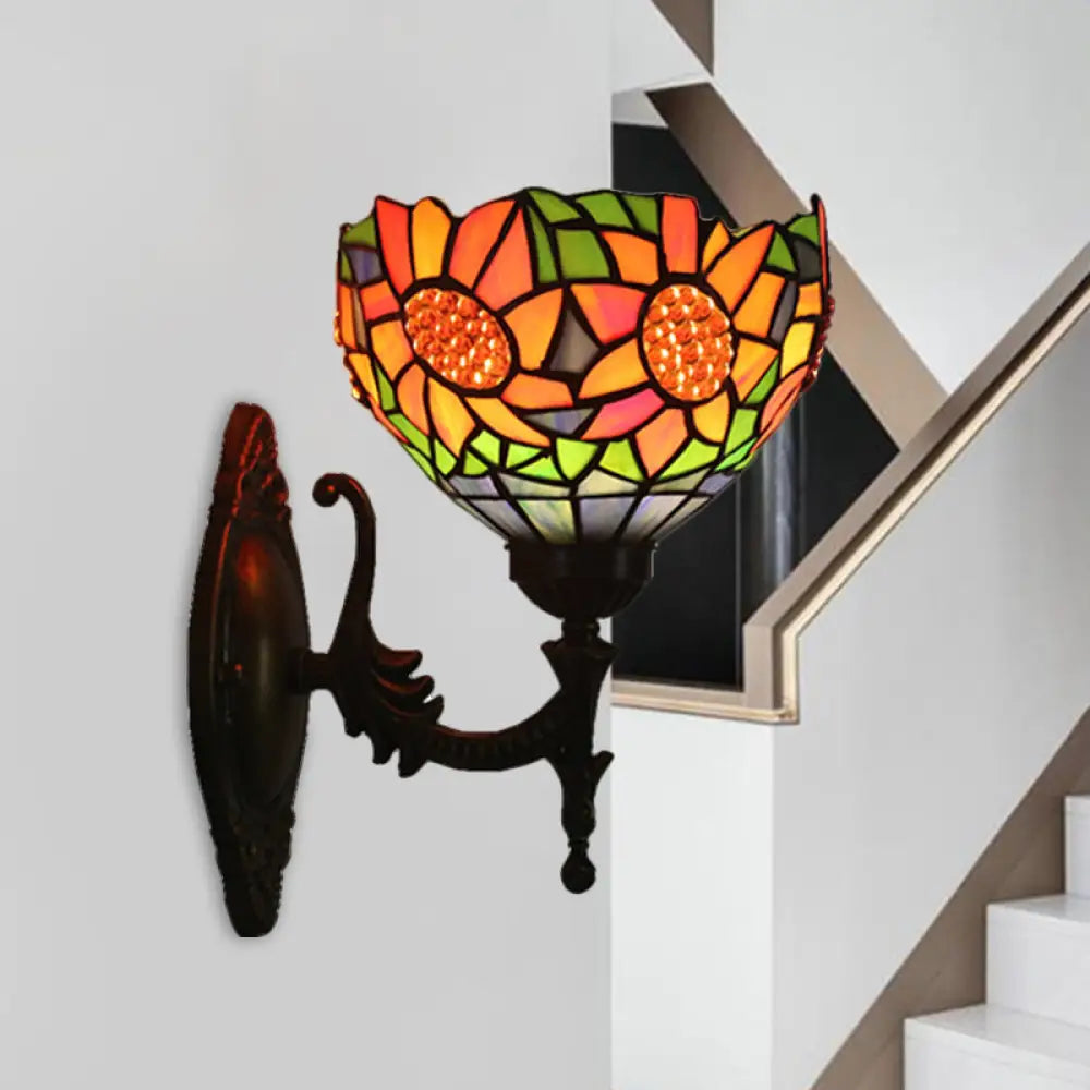 Wall Sconce: Elegant 1-Light Bedroom Baroque Brass Sunflower Pattern With Stained Glass Bowl Shade