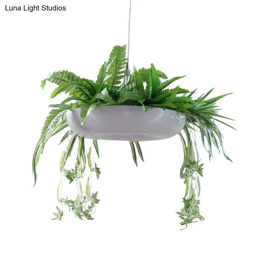 Metallic White Warehouse Donut Pendant Light With Green Vine Deco - Modern Suspension Lighting