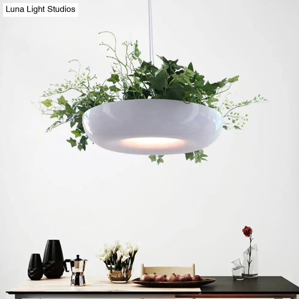 Metallic White Warehouse Donut Pendant Light With Green Vine Deco - Modern Suspension Lighting / B