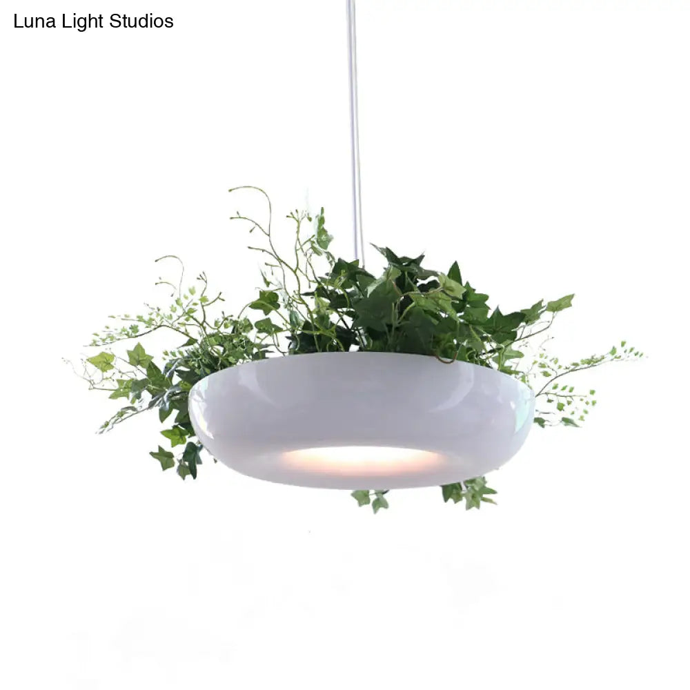 Warehouse Donut Pendant Light In White With Green Vine Deco - Metallic Suspension Lighting