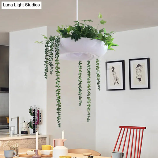 Metallic White Warehouse Donut Pendant Light With Green Vine Deco - Modern Suspension Lighting / A