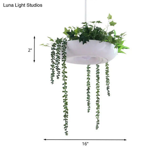 Warehouse Donut Pendant Light In White With Green Vine Deco - Metallic Suspension Lighting