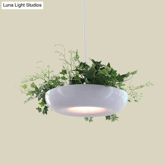 Metallic White Warehouse Donut Pendant Light With Green Vine Deco - Modern Suspension Lighting