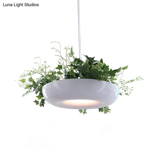 Metallic White Warehouse Donut Pendant Light With Green Vine Deco - Modern Suspension Lighting