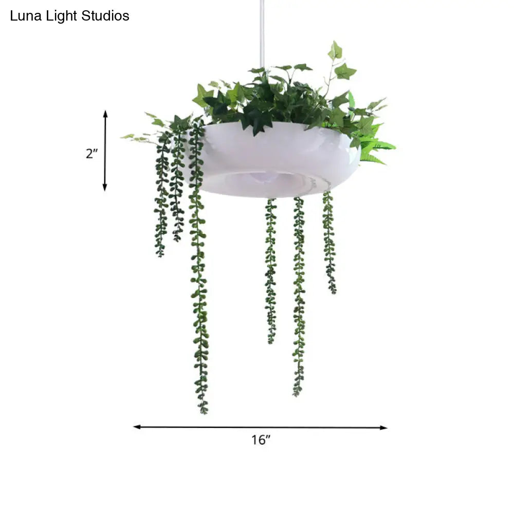 Metallic White Warehouse Donut Pendant Light With Green Vine Deco - Modern Suspension Lighting