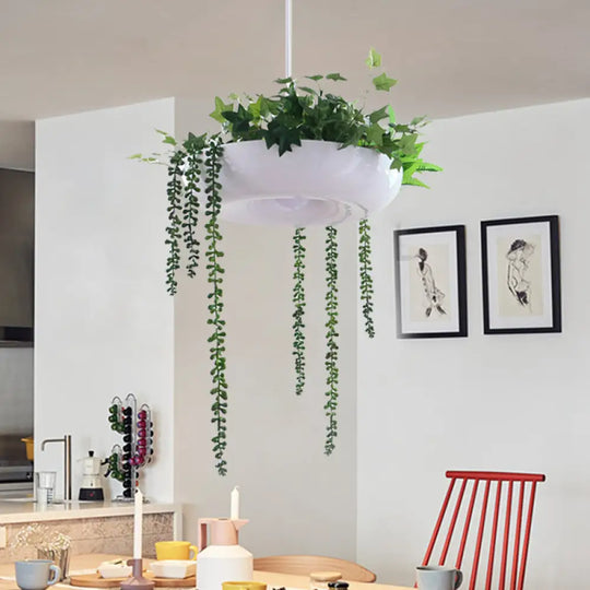 Warehouse Donut Pendant Light In White With Green Vine Deco - Metallic Suspension Lighting / A