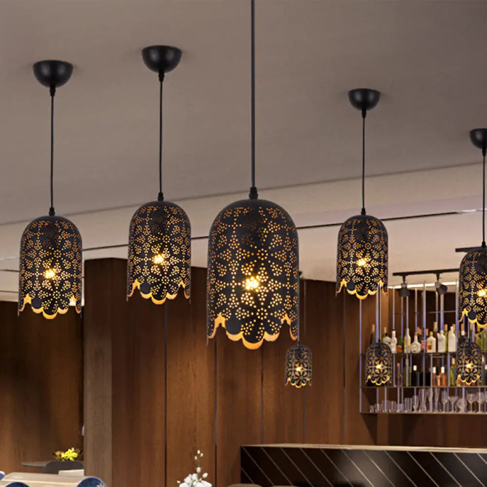 Warehouse Patterned Pendant Lamp Kit - Metallic Black Ceiling Light For Restaurant / Oval