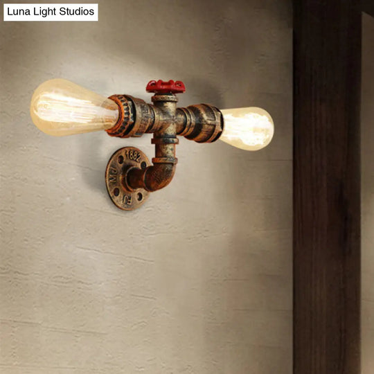 Warehouse Style 2-Head Wall Light Fixture With Bronze/Antique Brass Finish - Wrought Iron Sconce